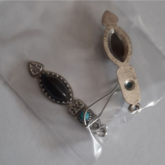 Silver Aztec or native style faux lapis Lazuli and turquoise boho drop earrings - Picture 5 of 5